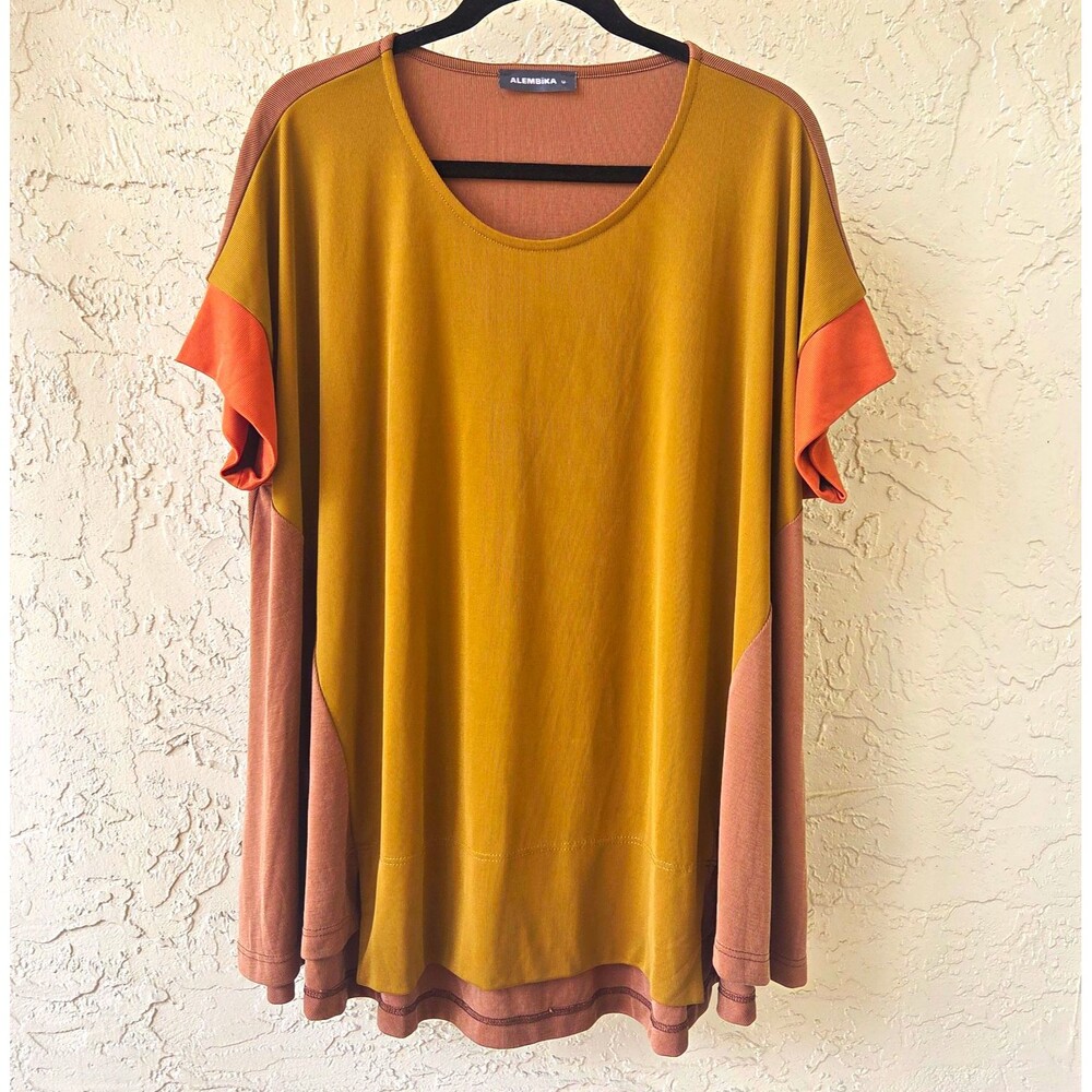 Alembika Colorblock Trapeze Top MED Mustard Brown Oversize Laganlook Israel Gold